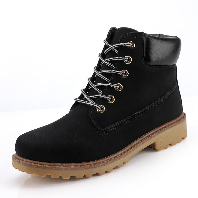 Men's high-top leather boots, black lace-up with side stitch detail and thick outsole