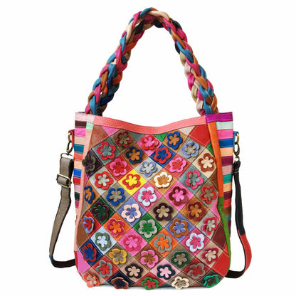 Colorful diamond plaid tote bag with braided handles and long crossbody straps