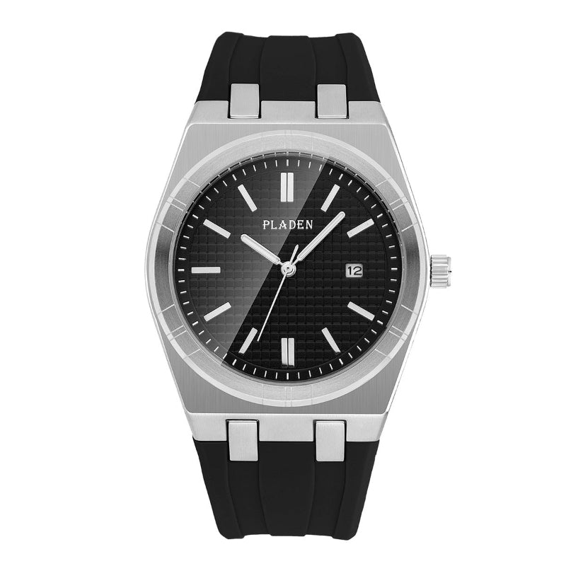Men's quartz watch with black silicone strap, black dial, date window at 12, silver case