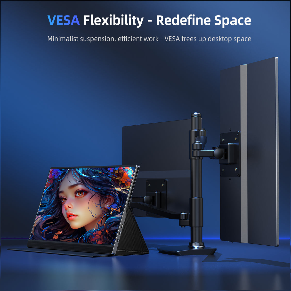Portable QLED 4K monitor on stand with VESA-style mounting hardware