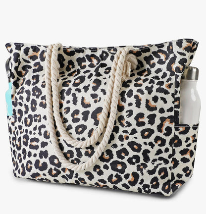 Printed polyester shoulder bag with leopard print, braided rope handles, open top