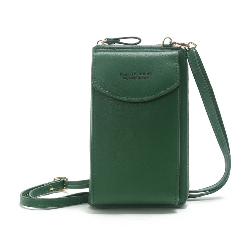 Dark green PU leather crossbody wallet bag with front flap and adjustable strap