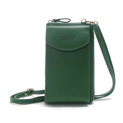 Dark green PU leather crossbody wallet bag with front flap and adjustable strap