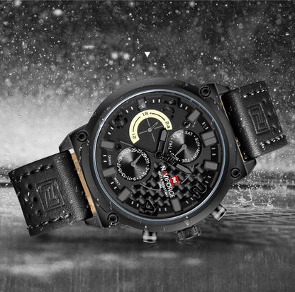 Black wristwatch with detailed face on a dark background