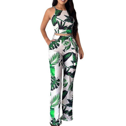 Two-piece Cropped Printed Vest High-waisted Wide-leg Pants