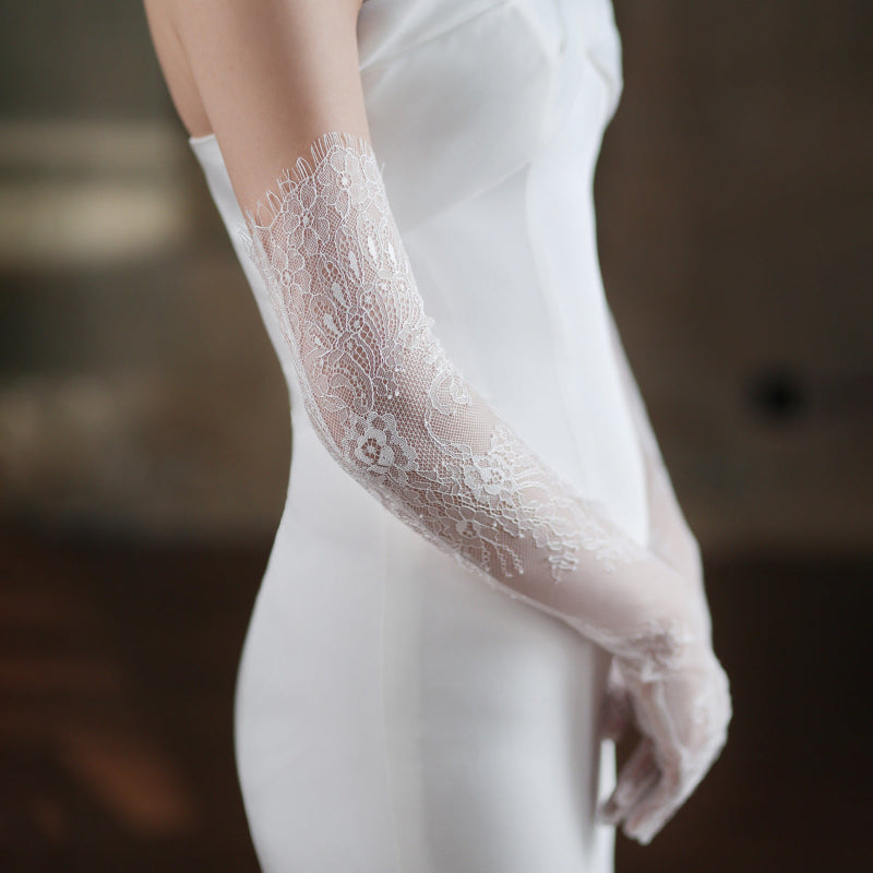 White lace tulle bridal gloves, long sheer floral overlay with scalloped edge at wrist