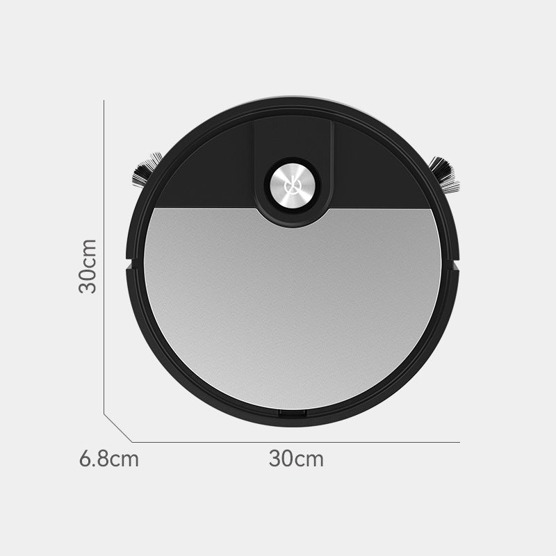Black round cleaning robot with 30cm diameter and 6.8cm height