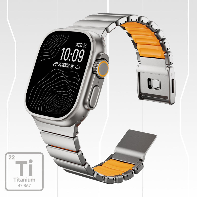 Smartwatch with a metallic band featuring orange accents on a white background