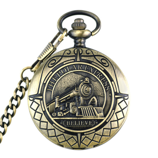 Antique gold flip pocket watch with engraved face, Roman numerals, and pocket chain
