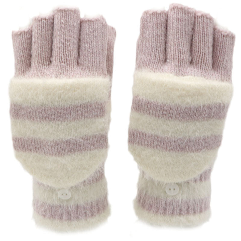 Pair of pink and white striped fingerless gloves on a white background