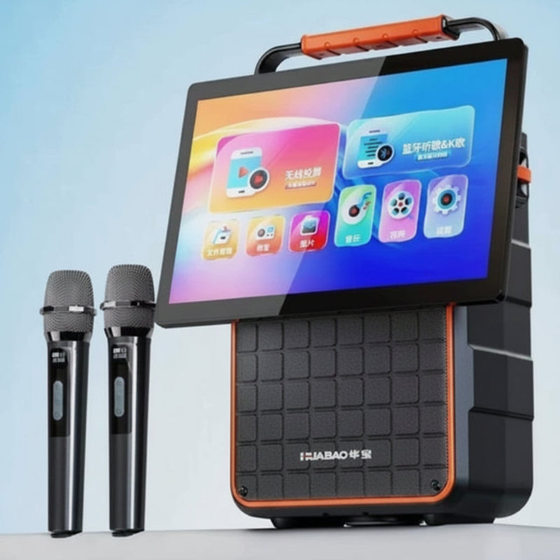 Karaoke video speaker with two handheld microphones, black body and orange trim