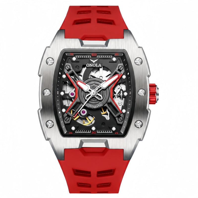 Men's sporty automatic mechanical watch with red silicone strap and silver-toned case