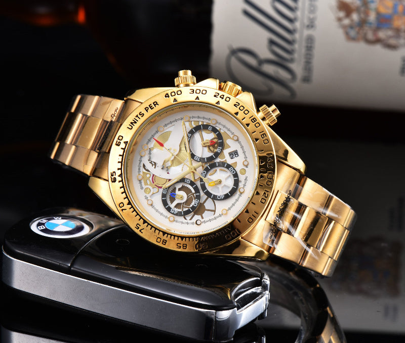 Men's quartz watch with steel link strap, silvery dial, gold-tone bezel.