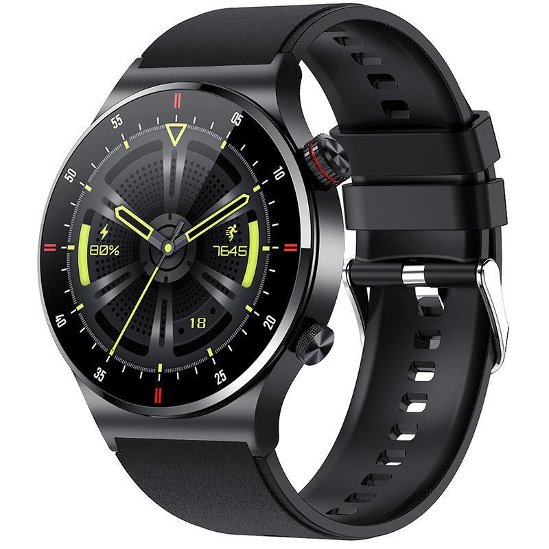 Black QW33 smartwatch with silicone strap and a dark watch face with yellow accents