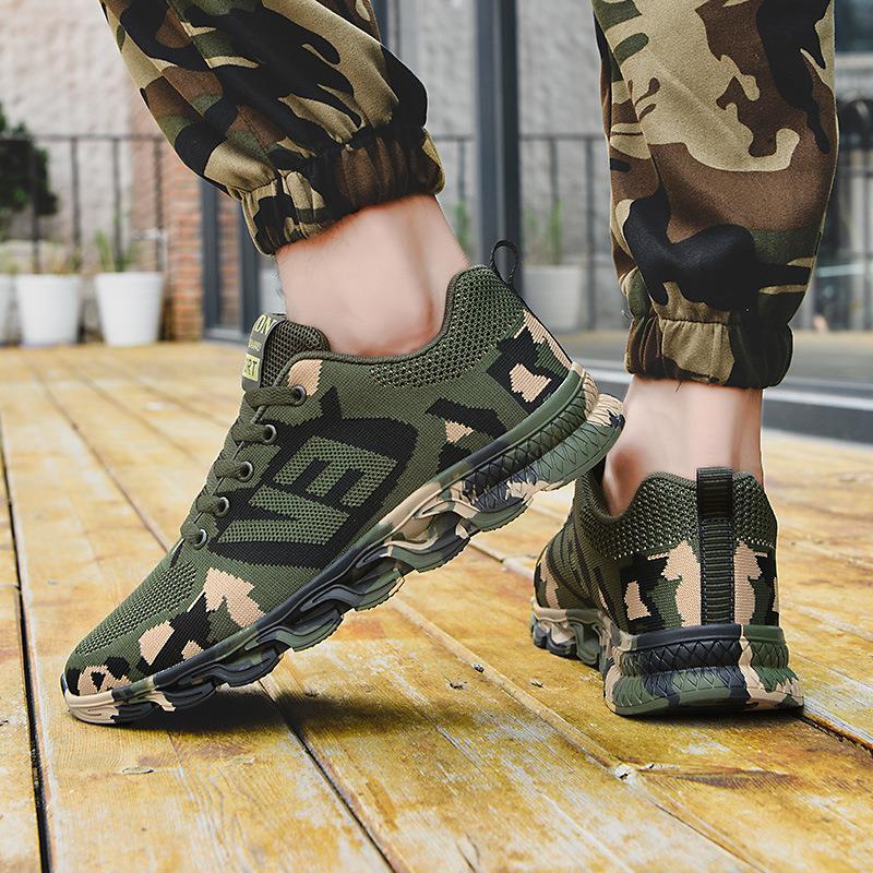 Men's camouflage mesh lace-up sneakers with patterned uppers and thick cushioned sole