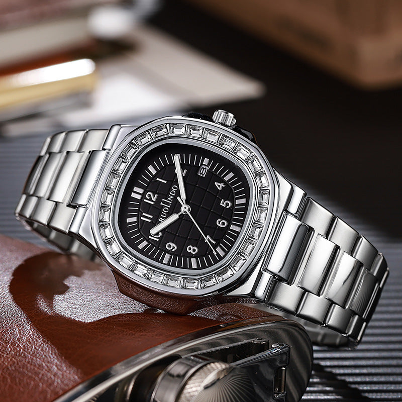 Men's stainless steel quartz wrist watch with black dial and silver metal link bracelet