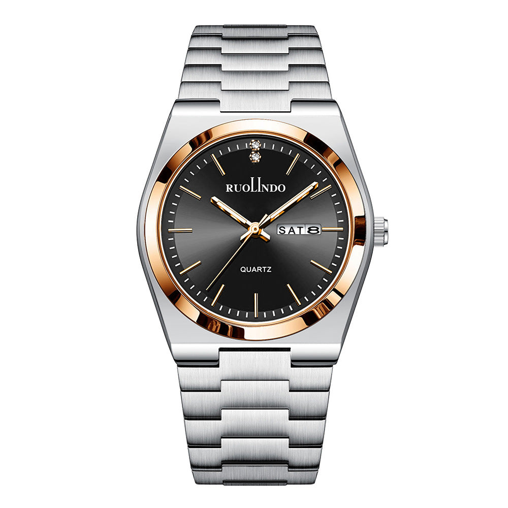 Men's stainless steel quartz wrist watch with black dial and rose-gold trim