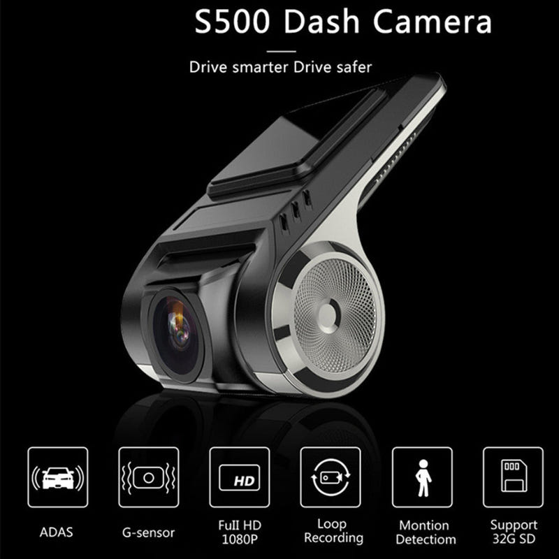 Black dash camera with front lens and feature icons on panel