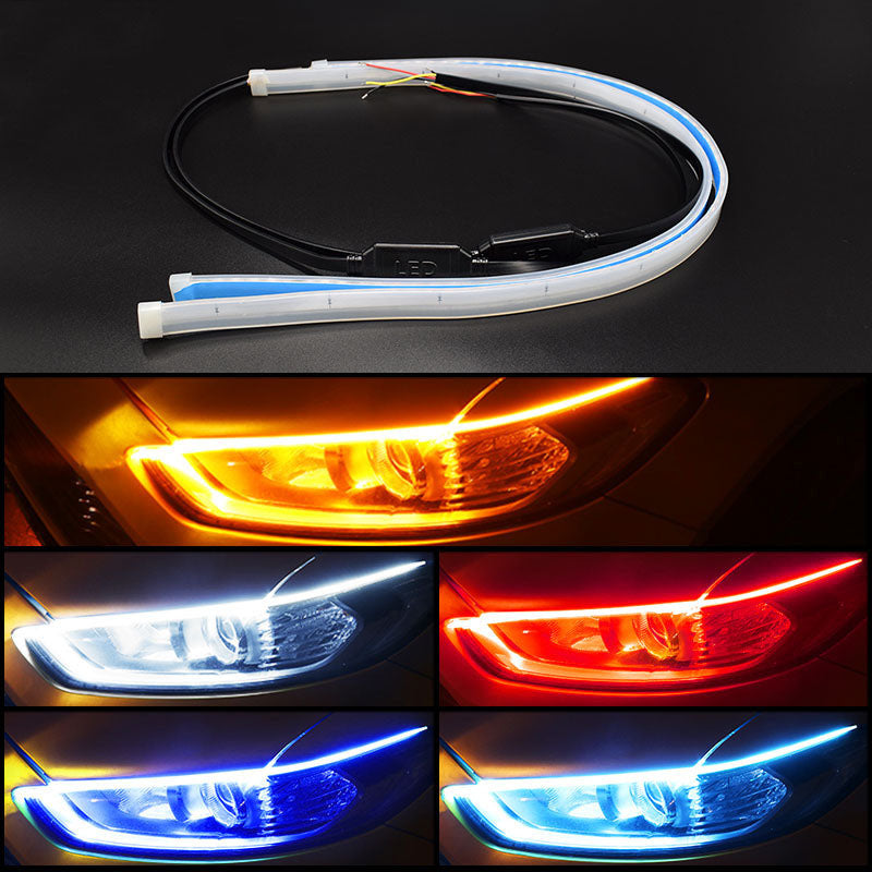 Car LED daytime running light strip kit showing blue, yellow, and red lighting