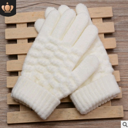 White fuzzy knit gloves with ribbed cuffs