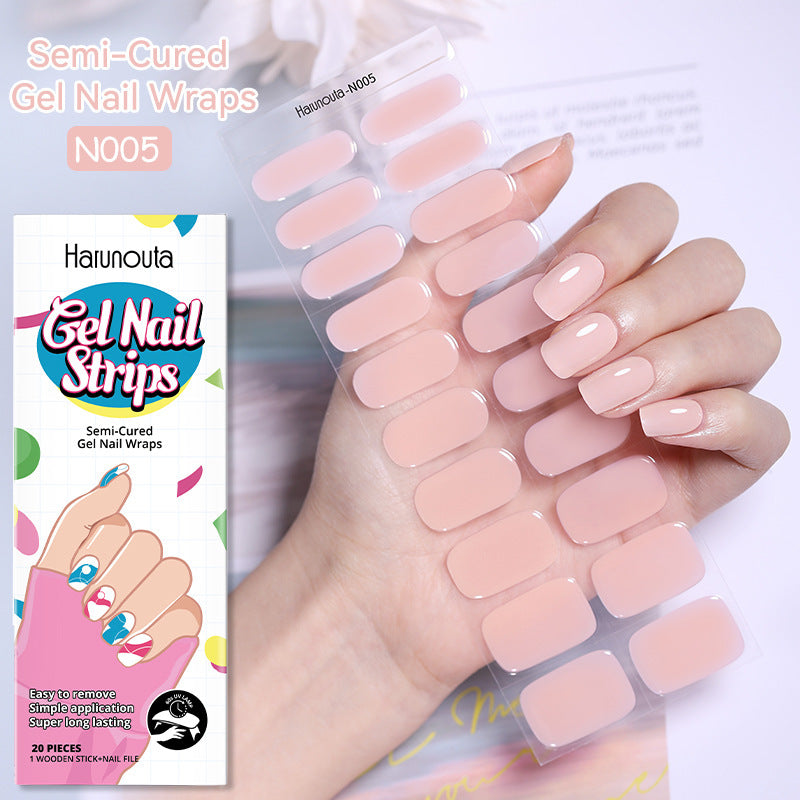 Harunouta Gel Nail Strips packaging with a hand wearing pink nail wraps on a white background