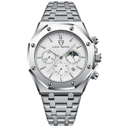 Silver watch with detailed face on a white background