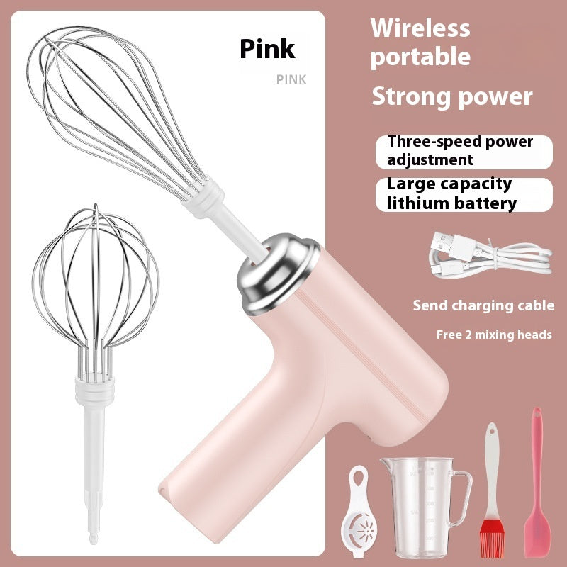 Wireless electric egg beater in pink with foldable handle and rotating wire whisk