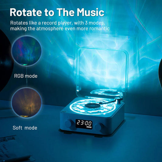 Blue retro turntable Bluetooth speaker with ambient light, open lid and digital display