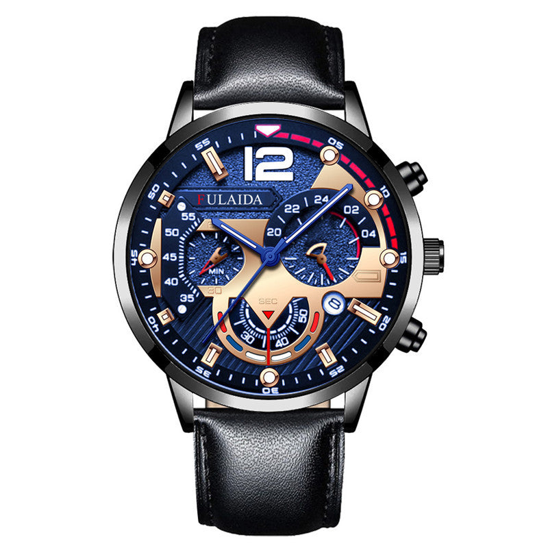 Watch with a blue face and black leather strap on a white background