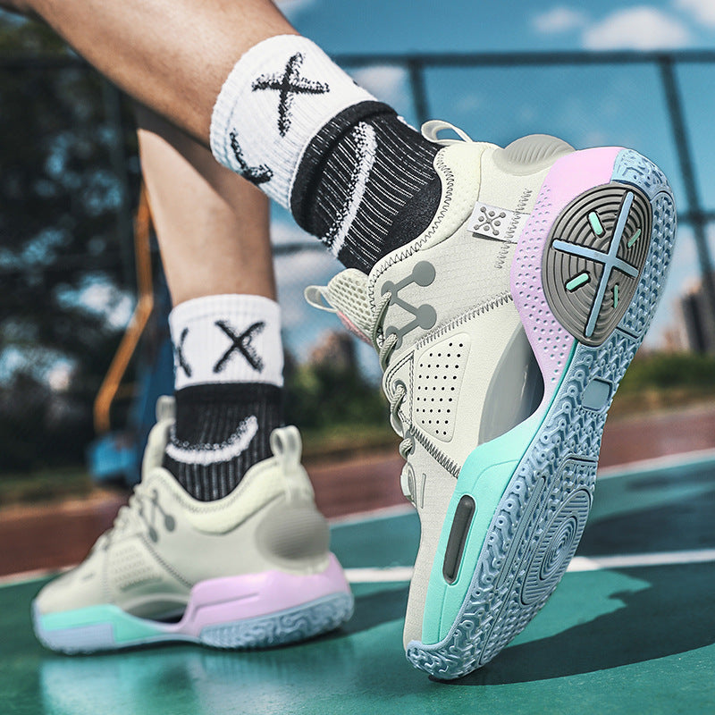 Men's basketball shoes, white and black knit upper with aqua outsole and pink heel accents