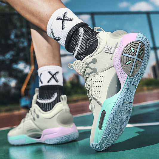 Men's basketball shoes, white and black knit upper with aqua outsole and pink heel accents