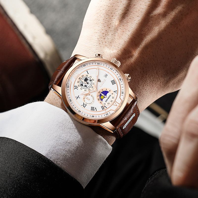 Men's rose gold moon phase quartz watch with white dial and brown leather strap