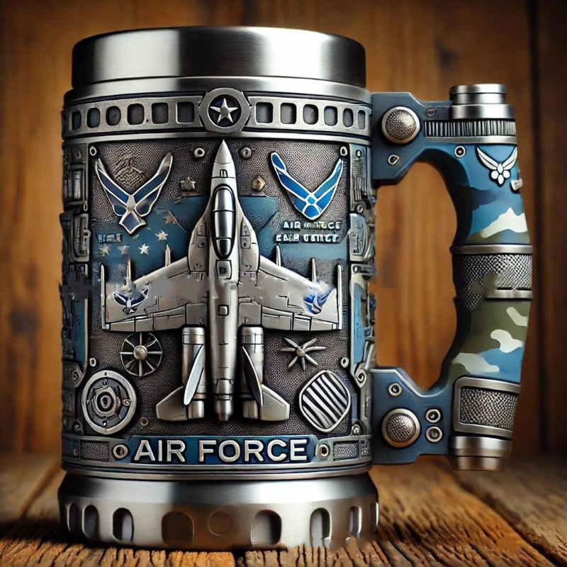 Decorative mug with Air Force theme featuring a fighter jet and camouflage design on a wooden surface.