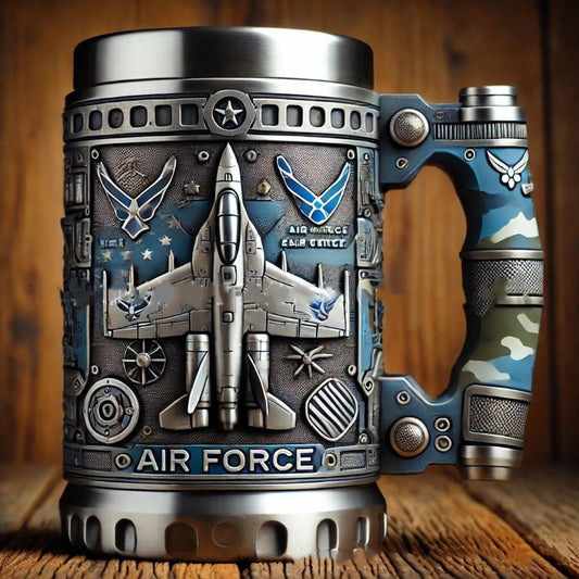 Decorative mug with Air Force theme featuring a fighter jet and camouflage design on a wooden surface.