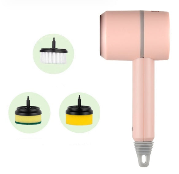 Pink electric cleaning brush with visible round scouring and bristle heads