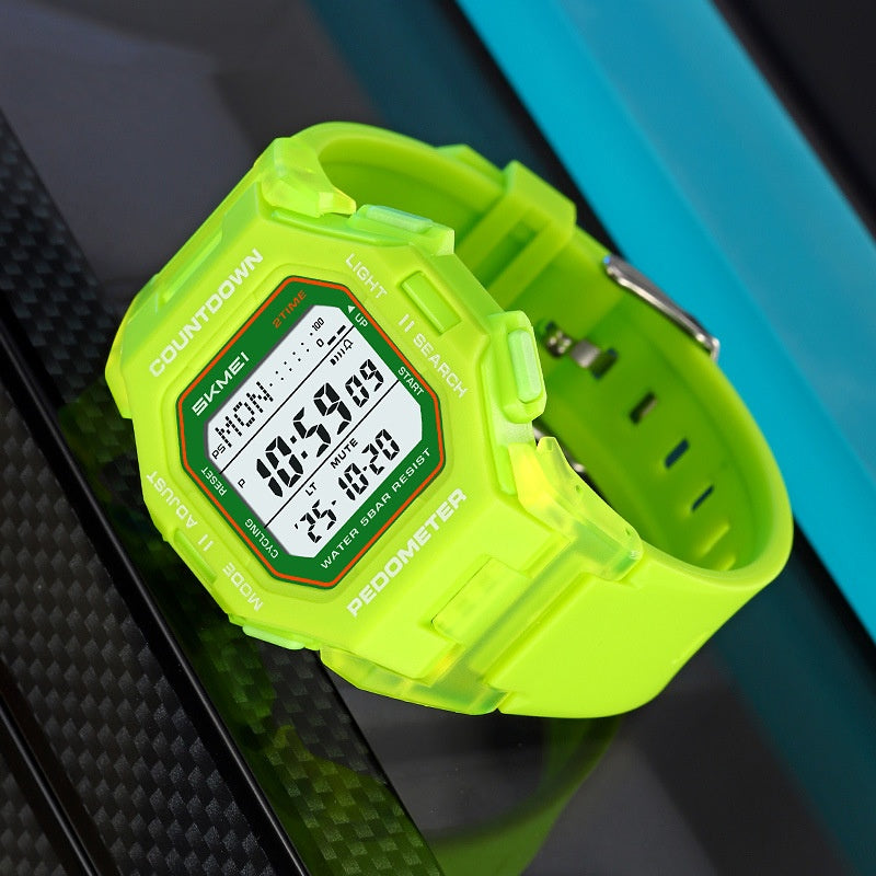 Fluorescent-green SKMEI digital sports watch shown at an angle with its strap fastened