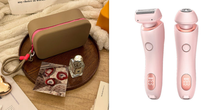 Women’s epilator and trimmer set with two pink units and brown travel pouch