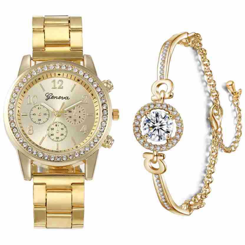 Gold watch and bracelet set on a white background