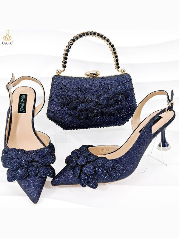 Dark blue rhinestone heeled shoes with matching beaded handbag and clustered flower detail