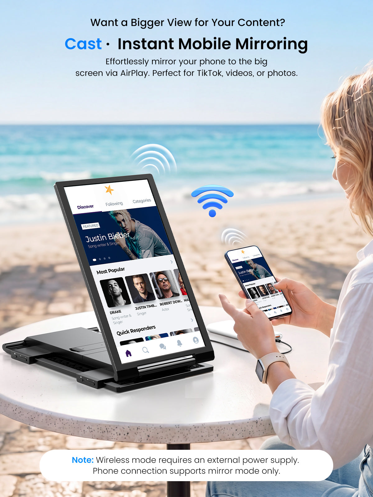 Wireless portable monitor on foldable stand with mobile mirroring app on screen