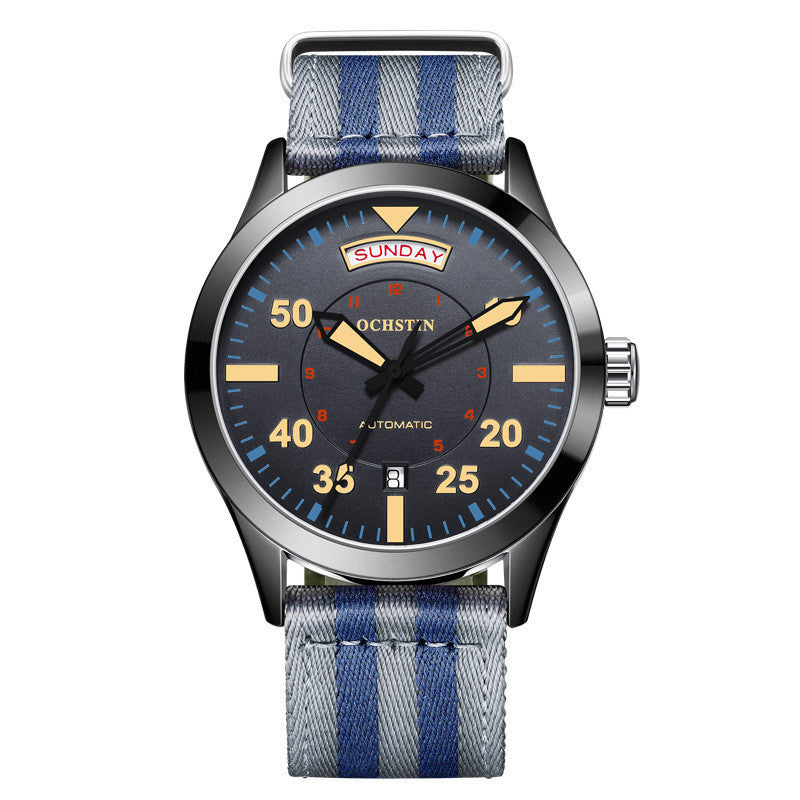 Wristwatch with blue and gray striped strap on white background