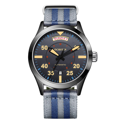 Wristwatch with blue and gray striped strap on white background
