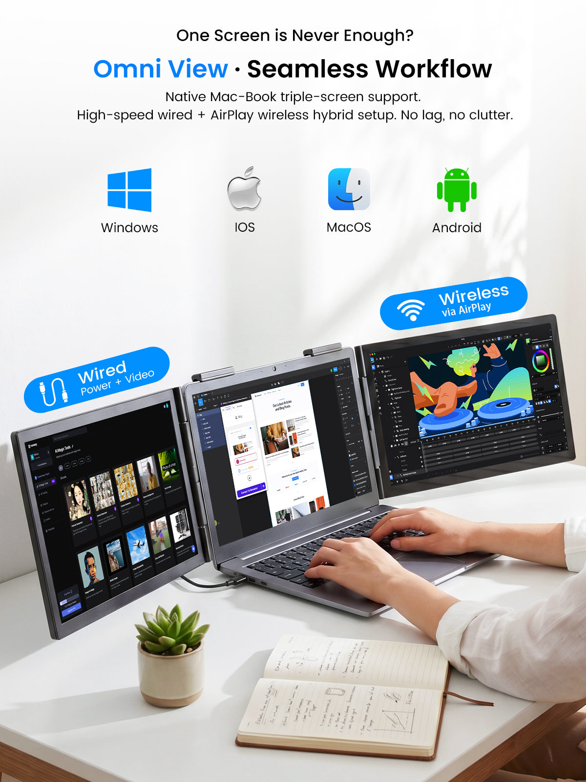Portable triple monitor setup on desk showing multiple app windows on screens