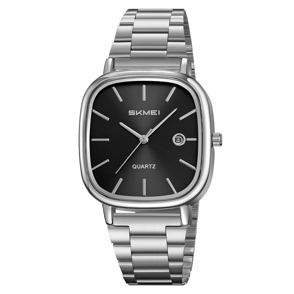 Men's retro square quartz watch with silver steel bracelet and black dial