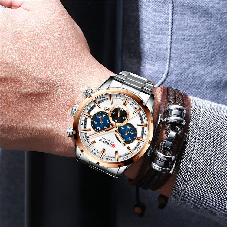 Men's business quartz watch with white dial, silver metal case, and dark brown strap