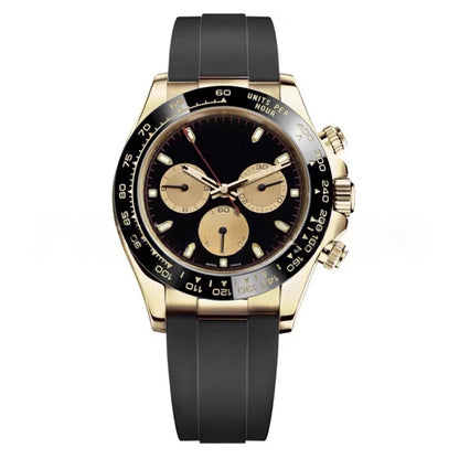 Mechanical wristwatch on black rubber strap, gold-tone case; dark dial with 3 subdials