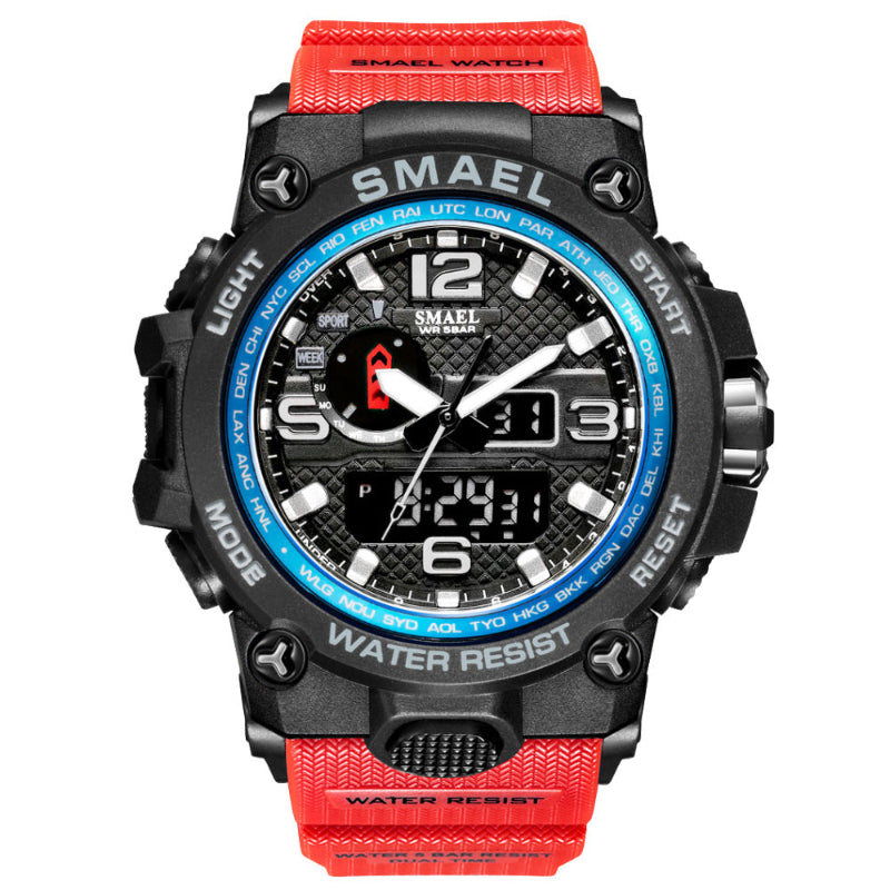 Men's luminous sports alarm watch, black case, red dial, red strap.