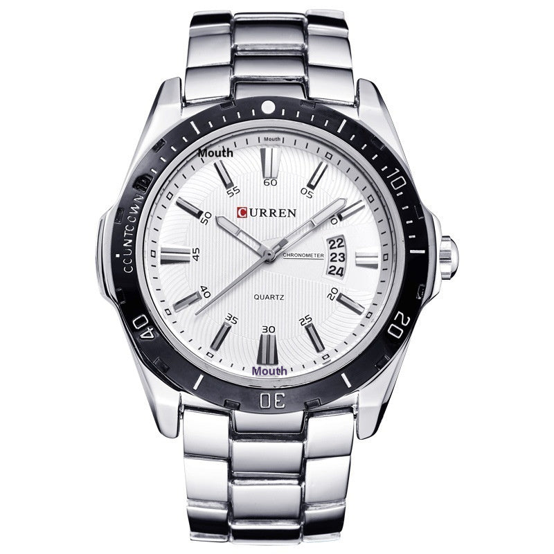 Men's casual quartz watch with white dial, black bezel, and silver steel band, date display