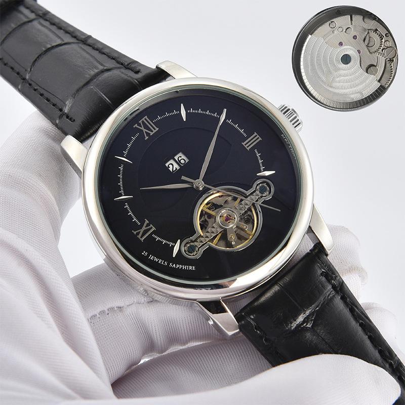 Men's quartz business watch with dark blue dial, rose-gold case, black leather strap.