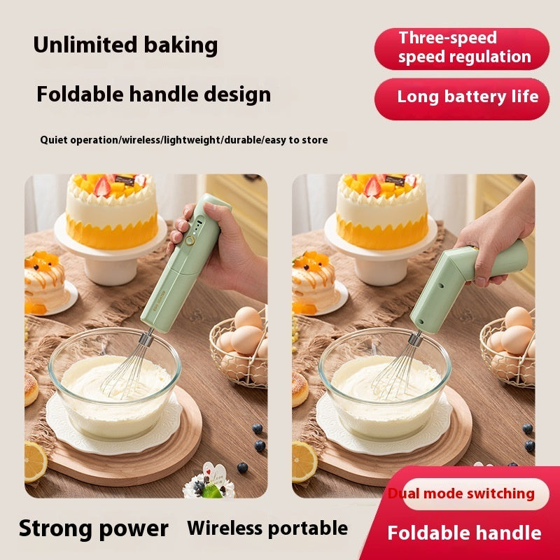 Wireless electric egg beater with foldable handle mixing batter in a bowl